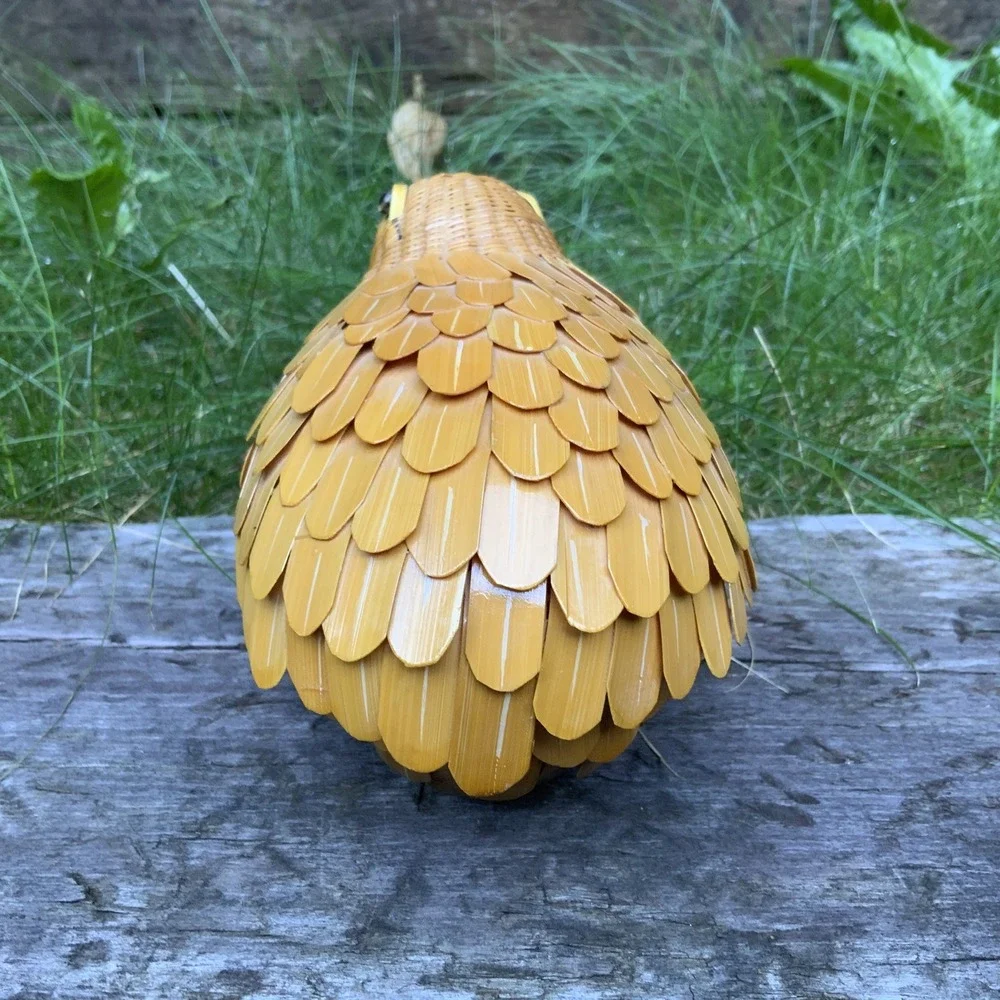 Vintage Wicker Woven Bird Quail‎ Chinese Basket Base And Lid Kitsch Folk Art